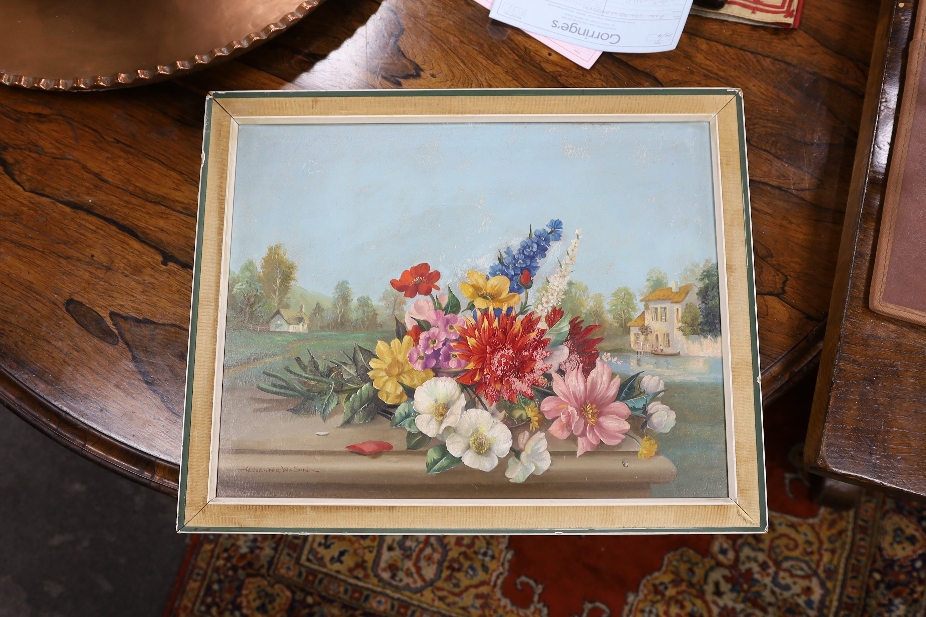 Alexander Wilson, oil on board, Still life of flowers in a landscape, signed, 37 x 48cm